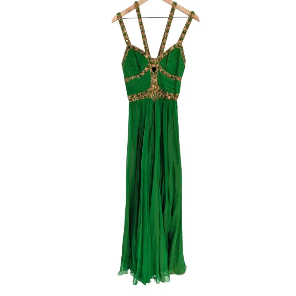 Mandalay Silk Gown 8 Green Beaded Formal Dress Cutout Back NWT